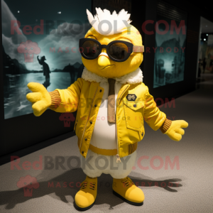 Lemon Yellow Harpy mascot costume character dressed with a Bomber Jacket and Sunglasses