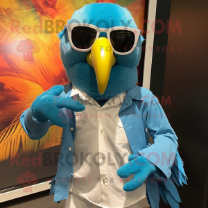 Turquoise Macaw mascot costume character dressed with a Dress Shirt and Sunglasses
