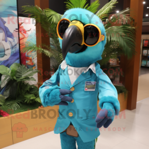 Turquoise Macaw mascot costume character dressed with a Dress Shirt and Sunglasses