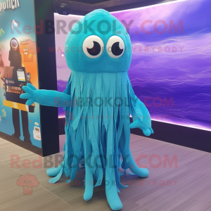 Cyan Jellyfish mascot costume character dressed with a Romper and Shawl pins