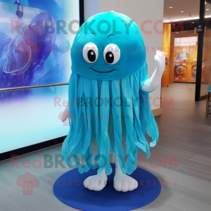 Cyan Jellyfish mascot costume character dressed with a Romper and Shawl pins
