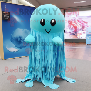 Cyan Jellyfish mascot costume character dressed with a Romper and Shawl pins