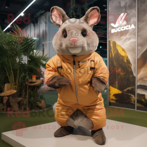 Rust Chinchilla mascot costume character dressed with a Windbreaker and Foot pads