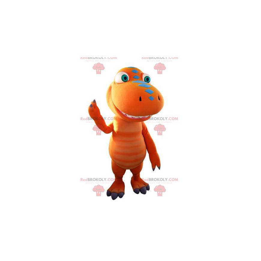 Reusachtige oranje en blauwe dinosaurusmascotte - Redbrokoly.com