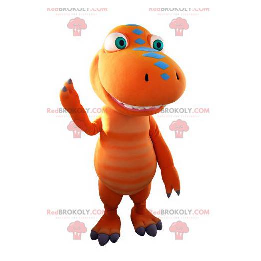 Mascote gigante de dinossauro laranja e azul - Redbrokoly.com