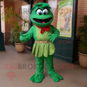 Green Jambalaya mascot costume character dressed with a Dress Pants and Suspenders