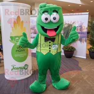 Green Jambalaya mascot costume character dressed with a Dress Pants and Suspenders