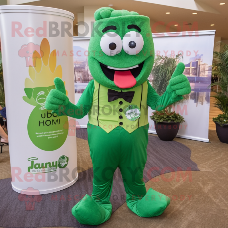 Green Jambalaya mascot costume character dressed with a Dress Pants and Suspenders Green Jambalaya mascot costume character dressed with a Dress Pants and Suspenders