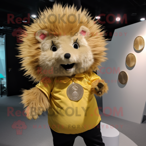 Gold Porcupine mascot costume character dressed with a Poplin Shirt and Lapel pins
