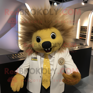 Gold Porcupine mascot costume character dressed with a Poplin Shirt and Lapel pins