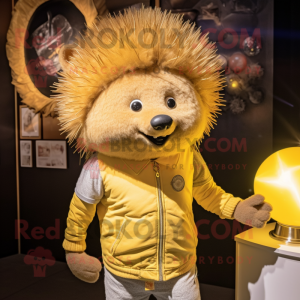 Gold Porcupine mascot costume character dressed with a Poplin Shirt and Lapel pins