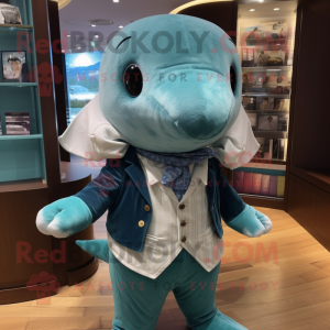 Teal Whale mascot costume character dressed with a Waistcoat and Bracelet watches