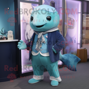 Teal Whale mascot costume character dressed with a Waistcoat and Bracelet watches