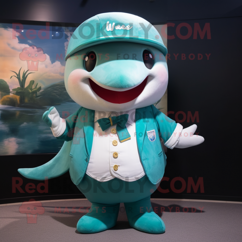 Teal Whale mascot costume character dressed with a Waistcoat and Bracelet watches