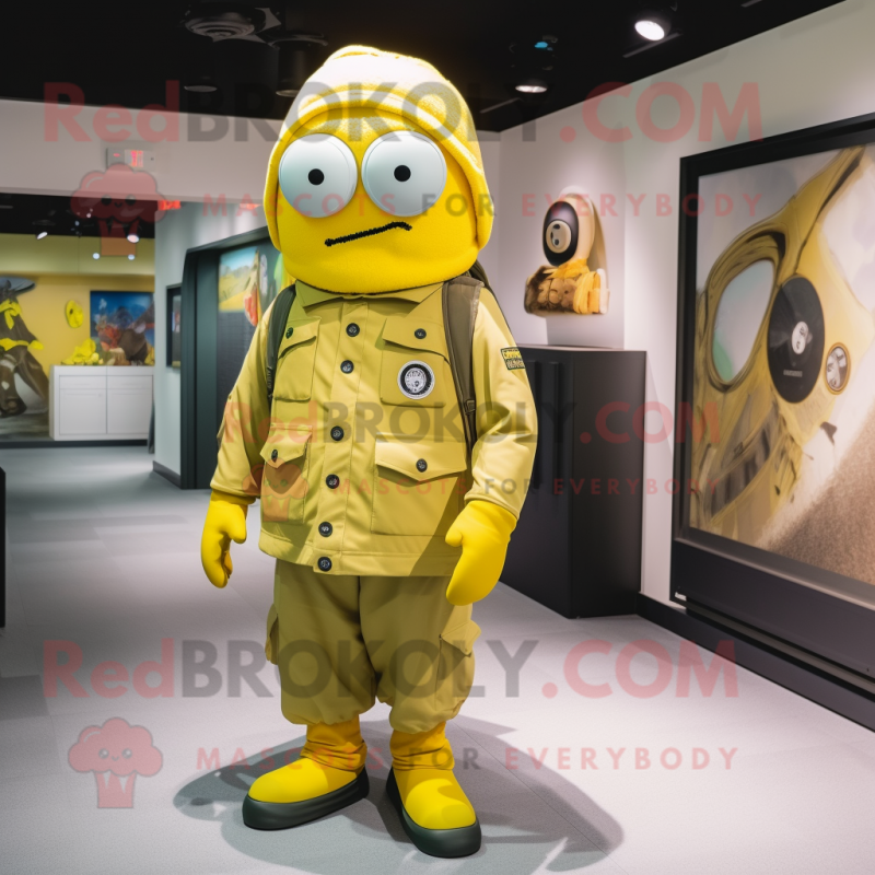 Yellow Army Soldier mascot costume character dressed with a Parka and Messenger bags