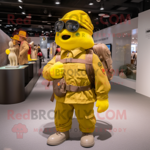Yellow Army Soldier mascot costume character dressed with a Parka and Messenger bags