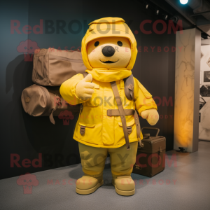 Yellow Army Soldier mascot costume character dressed with a Parka and Messenger bags