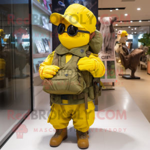 Yellow Army Soldier mascot costume character dressed with a Parka and Messenger bags