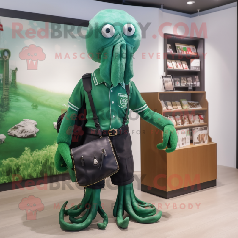 Forest Green Kraken mascot costume character dressed with a Polo Shirt and Wallets Forest Green Kraken mascot costume character dressed with a Polo Shirt and Wallets