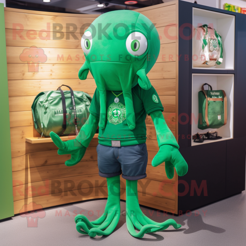 Forest Green Kraken mascot costume character dressed with a Polo Shirt and Wallets