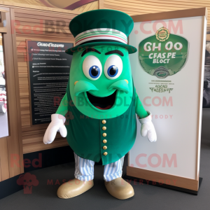 Forest Green Clam Chowder mascot costume character dressed with a Polo Tee and Tie pins