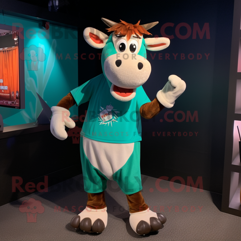 Teal Guernsey Cow mascot costume character dressed with a Graphic Tee and Bracelets Teal Guernsey Cow mascot costume character dressed with a Graphic Tee and Bracelets
