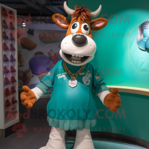 Teal Guernsey Cow mascot costume character dressed with a Graphic Tee and Bracelets