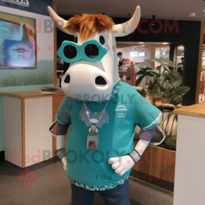 Teal Guernsey Cow mascot costume character dressed with a Graphic Tee and Bracelets