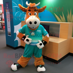 Teal Guernsey Cow mascot costume character dressed with a Graphic Tee and Bracelets