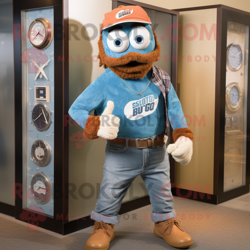 Rust Wrist Watch mascot costume character dressed with a Chambray Shirt and Scarves Rust Wrist Watch mascot costume character dressed with a Chambray Shirt and Scarves