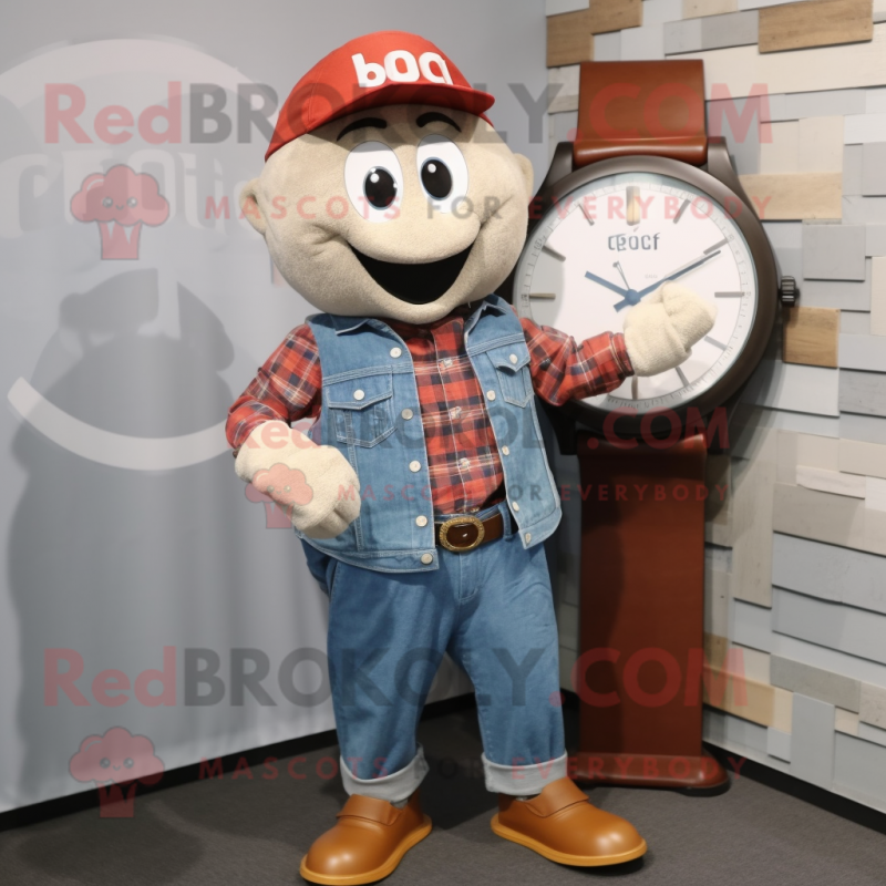 Rust Wrist Watch mascot costume character dressed with a Chambray Shirt and Scarves Rust Wrist Watch mascot costume character dressed with a Chambray Shirt and Scarves