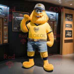 Yellow Guinness mascot costume character dressed with a Denim Shorts and Foot pads