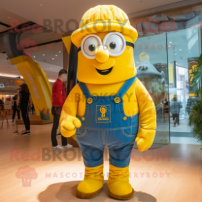 Yellow Guinness mascot costume character dressed with a Denim Shorts and Foot pads