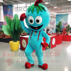 Turquoise Cherry mascot costume character dressed with a Jumpsuit and Shoe clips