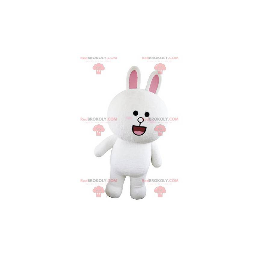 Mascote coelho branco e rosa rechonchudo e redondo parecendo
