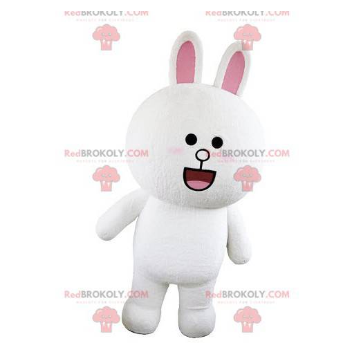 Hvit og rosa kanin maskot klumpete og runde ser overrasket ut -