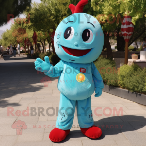 Turquoise Cherry mascot costume character dressed with a Jumpsuit and Shoe clips