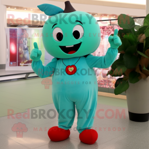Turquoise Cherry mascot costume character dressed with a Jumpsuit and Shoe clips