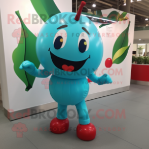 Turquoise Cherry mascot costume character dressed with a Jumpsuit and Shoe clips