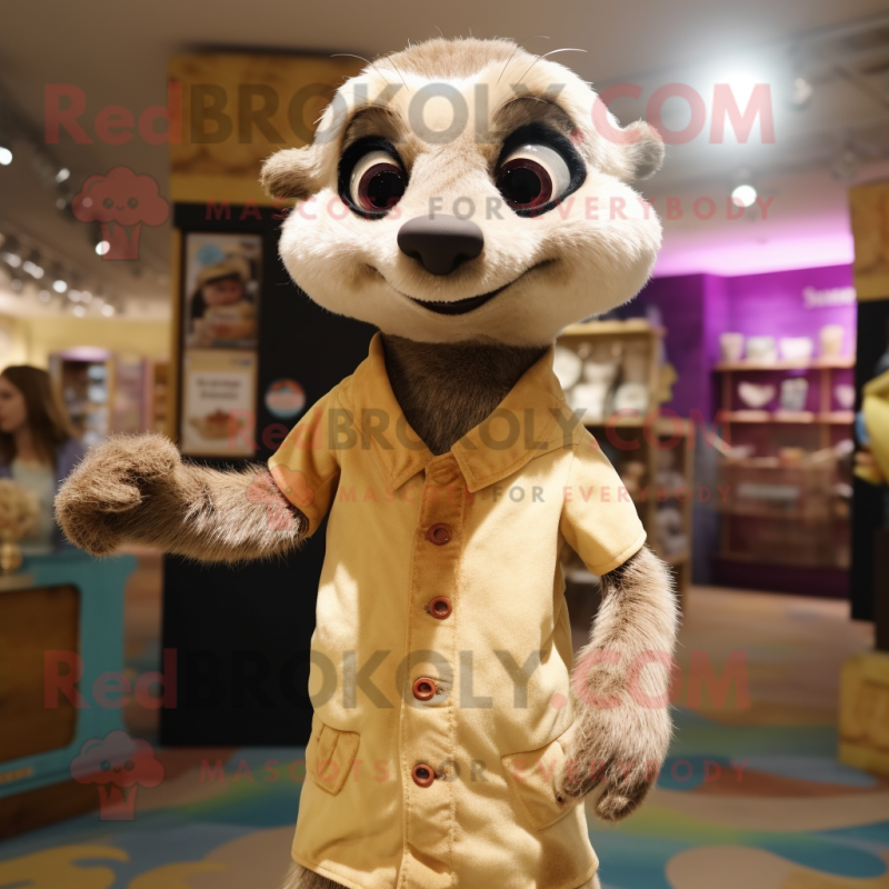 Tan Meerkat mascot costume character dressed with a Blouse and Brooches