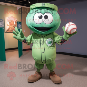 Green Meatballs mascot costume character dressed with a Baseball Tee and Messenger bags