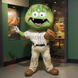 Green Meatballs mascot costume character dressed with a Baseball Tee and Messenger bags
