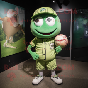 Green Meatballs mascot costume character dressed with a Baseball Tee and Messenger bags