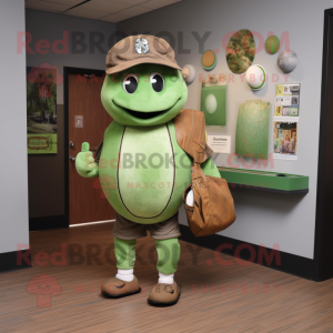 Green Meatballs mascot costume character dressed with a Baseball Tee and Messenger bags