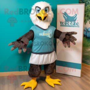 Teal Bald Eagle mascot costume character dressed with a Board Shorts and Scarf clips