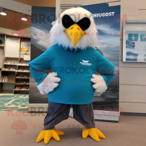 Teal Bald Eagle mascot costume character dressed with a Board Shorts and Scarf clips