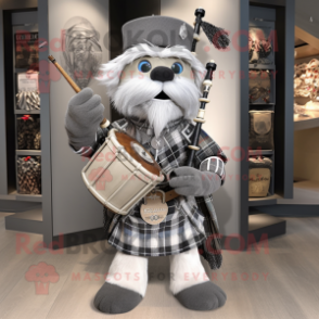 Silver Bagpipe mascot costume character dressed with a Waistcoat and Handbags