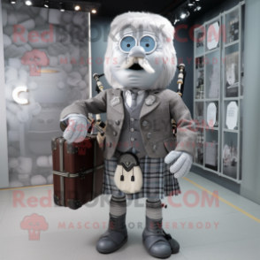 Silver Bagpipe mascot costume character dressed with a Waistcoat and Handbags