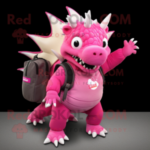 Pink Stegosaurus mascot costume character dressed with a Coat and Backpacks