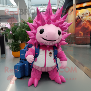 Pink Stegosaurus mascot costume character dressed with a Coat and Backpacks